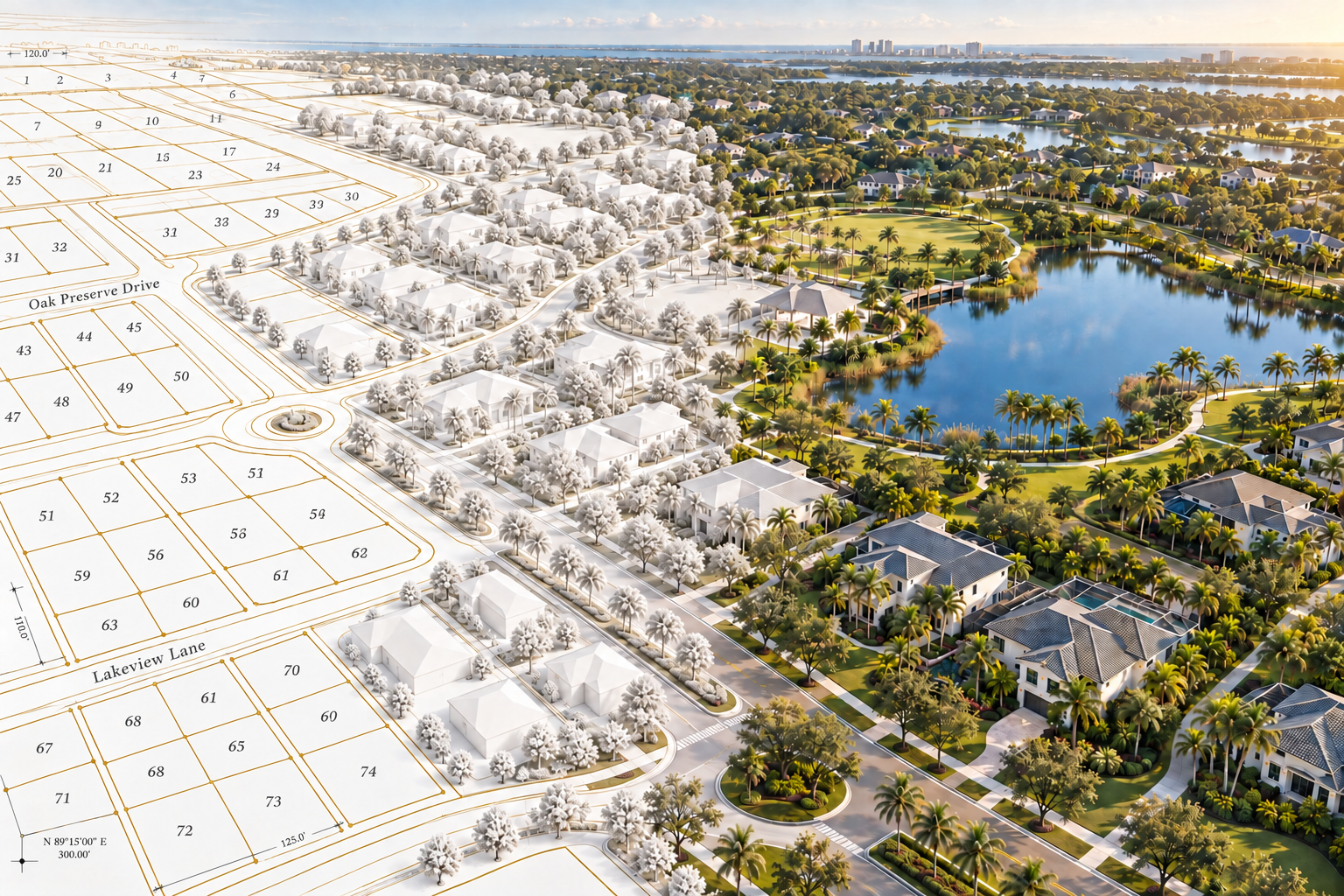 An architectural concept transitions from a flat plat with lot numbers and road names on the left, through white model homes in the center, into a fully colored community on the right.